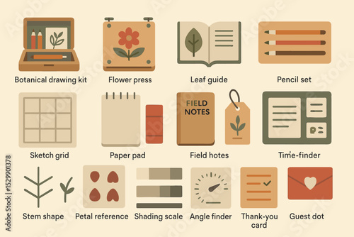 Botanical drawing and study tools with plant motifs and sketching accessories