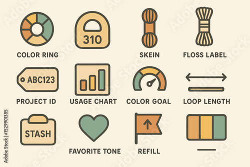 Icon set featuring color ring, skein, floss label, and project id for crafting