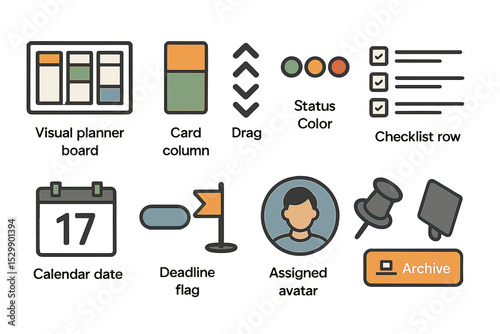 Illustrated visual planner board with calendar date and checklist icons
