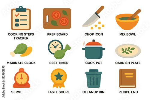 Illustrated icons for cooking steps and kitchen tasks