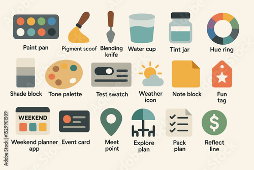Colorful icon set featuring art supplies, weather, and planning tools