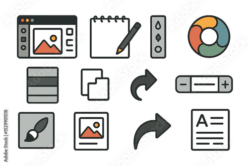Digital design and editing icons set on gradient background