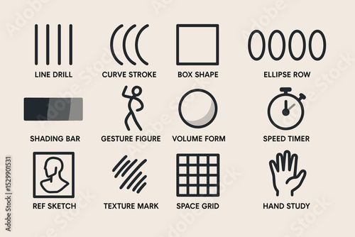 Art practice icons: line, curve, box, ellipse, gesture, volume, timer, sketch, texture, grid, hand