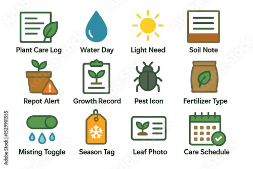Plant care icons: log, water, light, soil, alerts, growth, pests, fertilizer, seasons