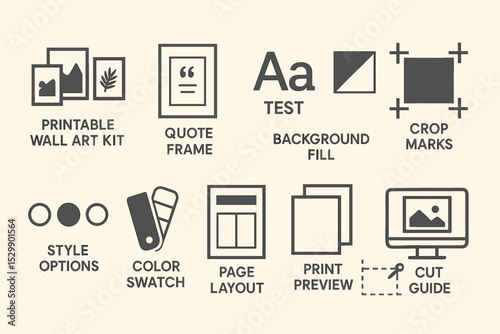Printable wall art kit with quote frame and style options icons