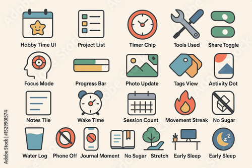 Colorful minimalist app icons for productivity and lifestyle enhancement