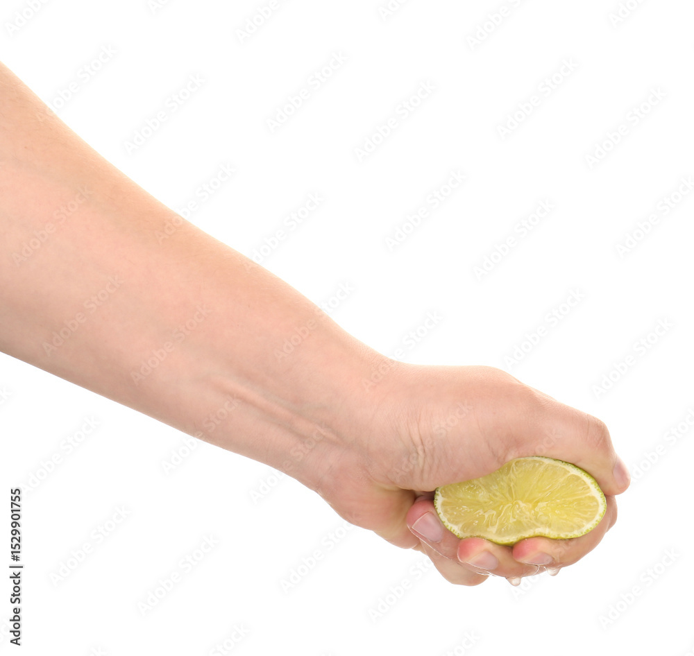 Woman squeezing lime on white background, closeup Woman squeezing lime on white background, closeup