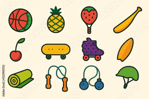Colorful icons of sports and fruits featuring basketball and fruits
