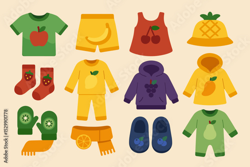 Colorful fruit-themed kids clothing set with various outfits and accessories