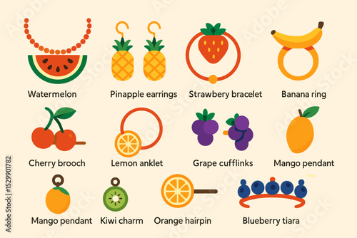 Fruit-inspired jewelry collection with earrings, necklaces, and accessories
