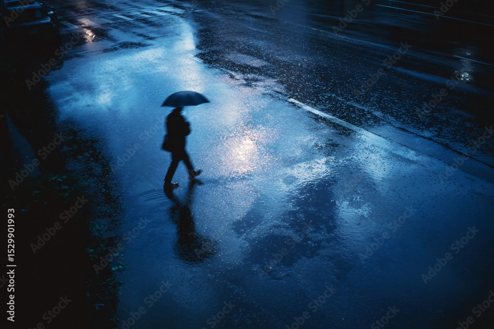 Obraz premium Solitary Individual Walks Under Umbrella on Rainy Night in Blue-Tinted Street