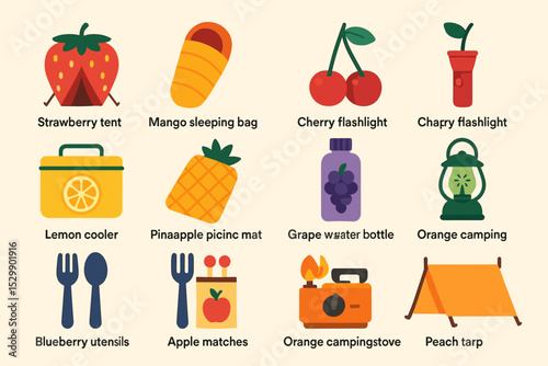 Colorful camping icons: tents, flashlights, coolers, and more