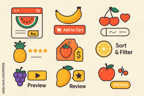 Colorful fruit shop icons for online grocery shopping apps and websites