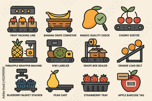 Colorful fruit processing icons featuring sorting and packaging machines
