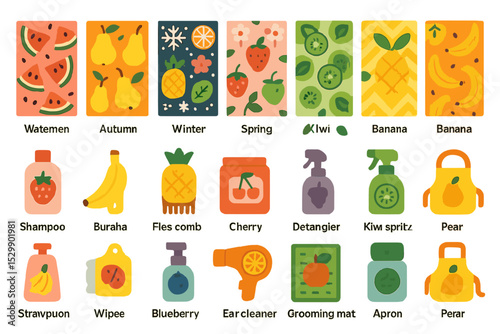 Vibrant seasonal fruits and skincare icons in bold colors