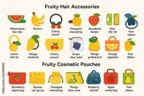 Colorful fruit-inspired hair accessories and cosmetic pouches collection