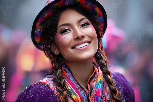 Cheerful Young Woman Enjoying a Lively and Colorful Street Festival Celebration