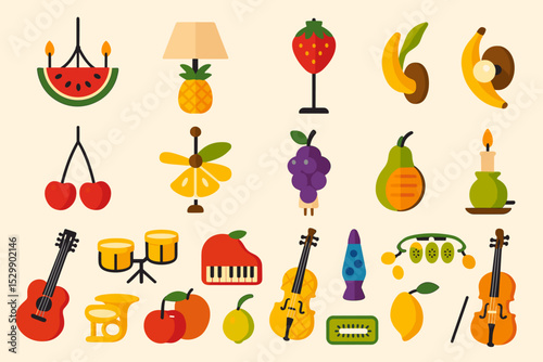 Colorful fruit and musical instrument-themed icons with decorative elements