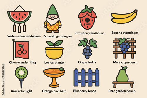 Colorful garden decor: whimsical elements including gnome, birdhouse, planter, and trellis