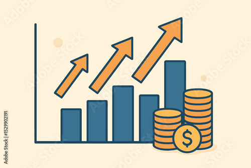 Increasing graph with rising bars and coins symbolizing financial growth