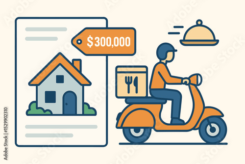 Orange scooter delivery with real estate listing and food service elements