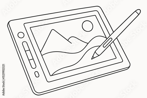 Digital drawing tablet with stylus and mountain landscape design