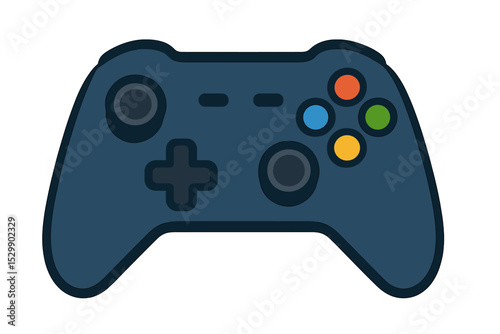 Modern video game controller with colorful buttons on brown background