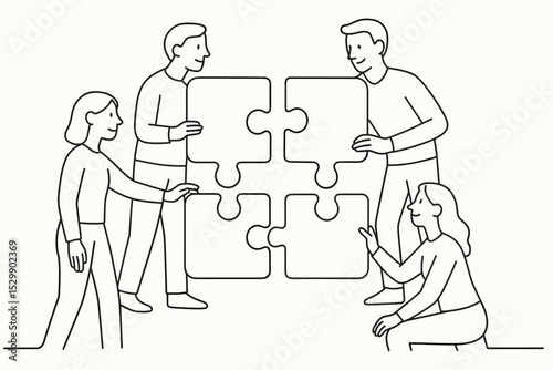 Team collaboration concept with diverse young adults assembling puzzle pieces