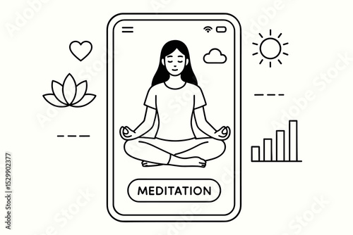 Meditation app interface featuring young asian female practicing mindfulness