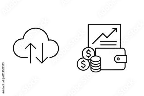 Cloud technology and financial growth icons: upload download and investment symbols