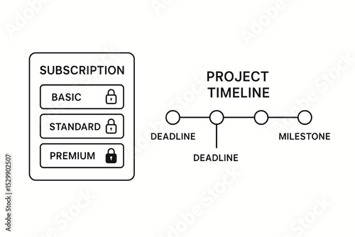 Subscription plan options and project timeline diagram with deadlines and milestones