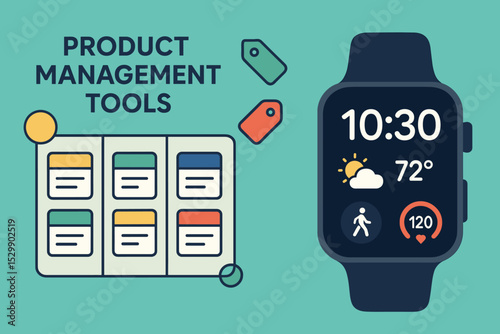 Digital tools for product management and smartwatch data display in flat design