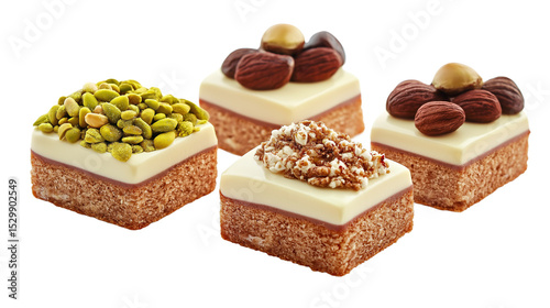 Exquisite assortment of gourmet petit fours featuring pistachios almonds hazelnuts and various nut toppings on a black background