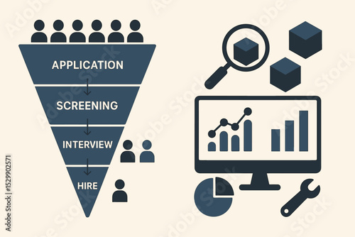 Recruitment process flowchart with application, screening, interview, hire stages