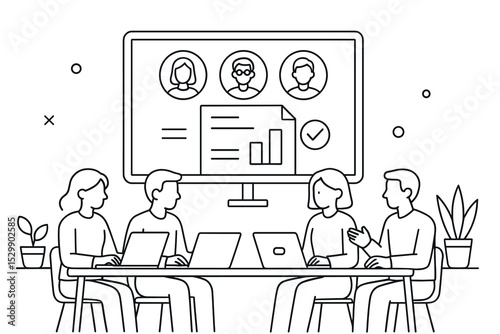 Diverse team collaborating on project with video conference technology