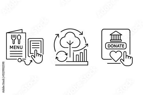 Digital menu interaction, sustainability growth, online donation icon set
