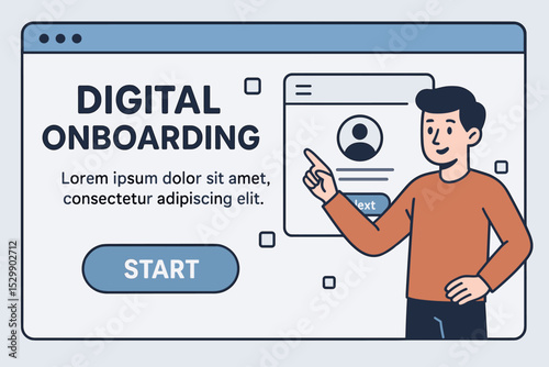 Digital onboarding illustration with young asian male character pointing