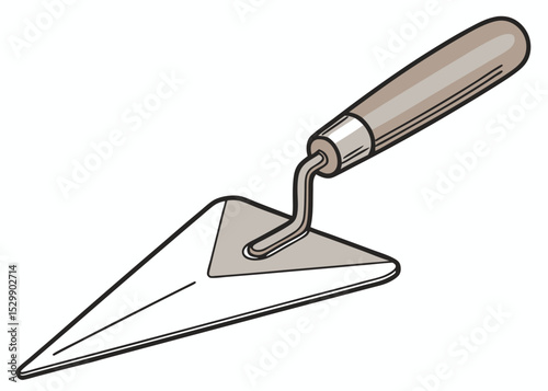 An illustration of a pointing trowel with a gray handle and a triangular blade, outlined in black. The trowel is angled upwards and to the right against a plain white background.