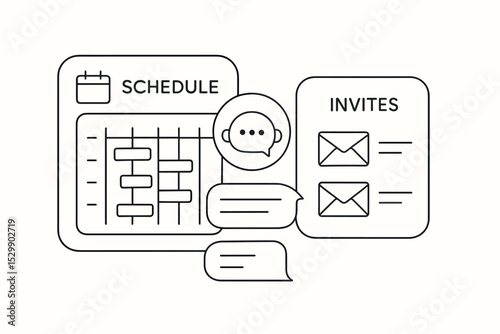 Simplified icon set depicting scheduling, messaging, and invitations