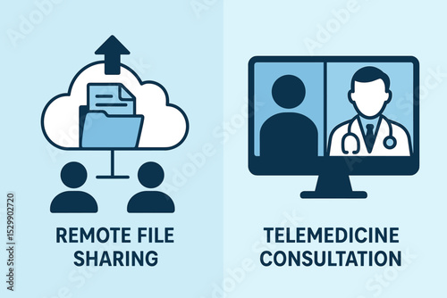 Remote file sharing and telemedicine consultation concepts illustrated