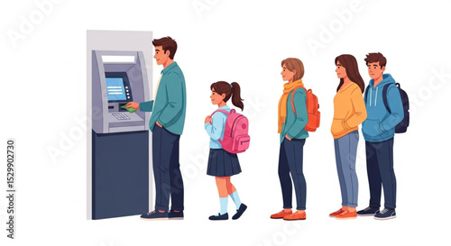 Cartoon People Queuing at ATM with Man Withdrawing Money Vector Illustration