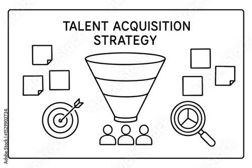 Talent acquisition strategy diagram with funnel and target icons