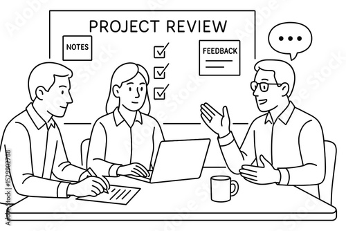 Team meeting with male and female adults discussing project review and feedback