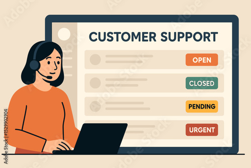 Female customer support agent managing tickets on computer