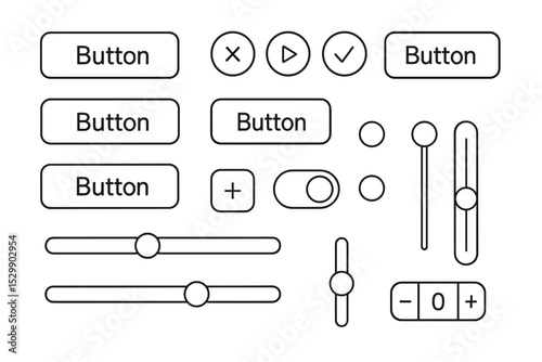 Minimalist black and white ui elements: buttons, sliders, toggles, and icons