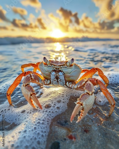 A whimsical photograph capturing the intricate details of a feisty crab scuttling across a vibrant, textured beach. The warm, golden hour sunlight highlights the crab's vibrant colors