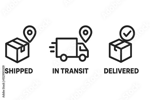 Parcel delivery icons: shipped, in transit, delivered with location indicators