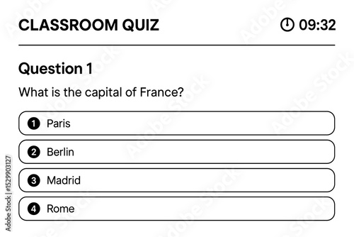 Classroom quiz interface with multiple choice question on capital cities