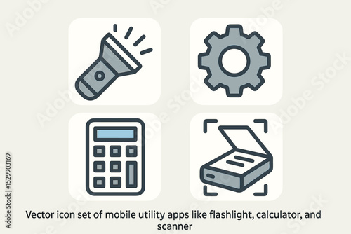 Vector icon set of mobile utility apps: flashlight, gear, calculator, scanner