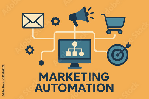 Marketing automation technology diagram with digital icons on orange background